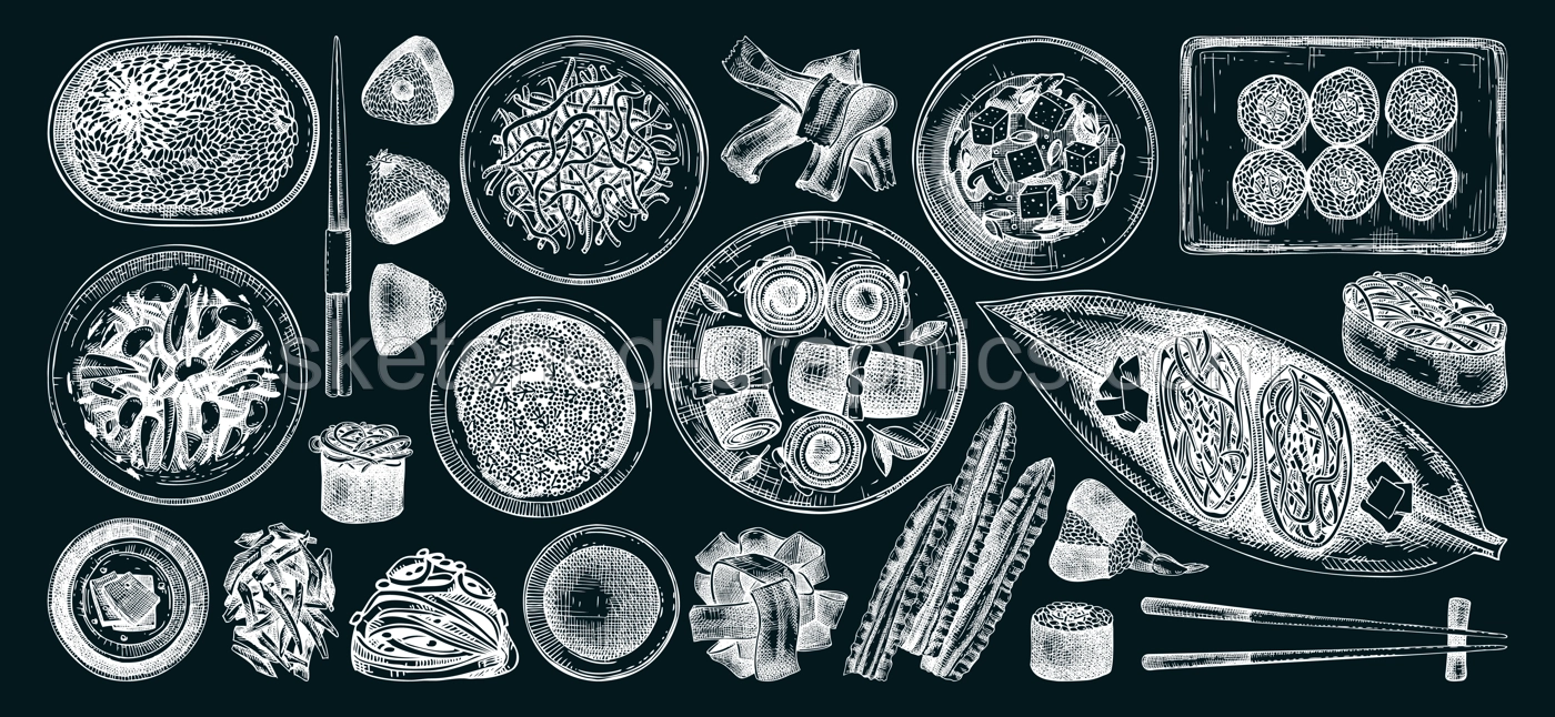 Hand-drawn healthy food vector illustration collection. Edible seaweed dishes in bowls sketches isolated on white background. Asian cuisine menu design elements on chalkboard Illustration
